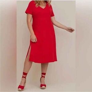 Torrid Cotton Red Midi Dress solid V-neck plus size 1X split side comfy